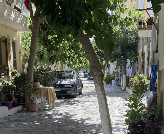 να ήσυχο δρομάκι με δέντρα που προσφέρουν σκιά και ευχάριστες θερμοκρασίες